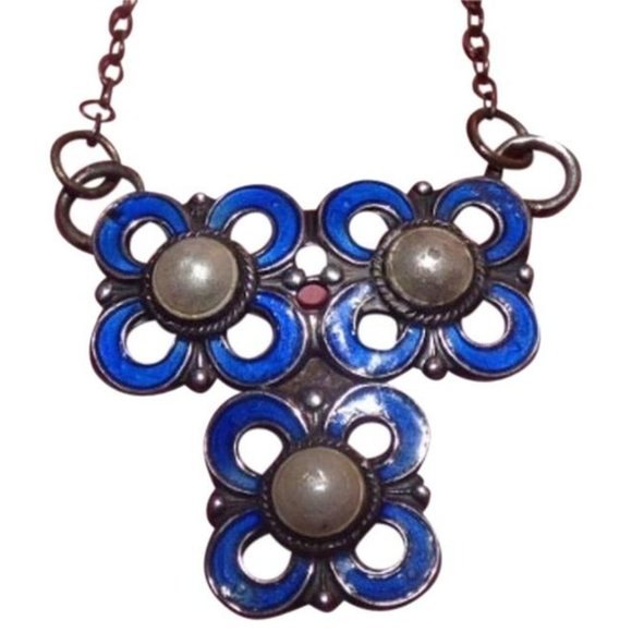 Vintage Blue Enamel Pearl Sterling Necklace